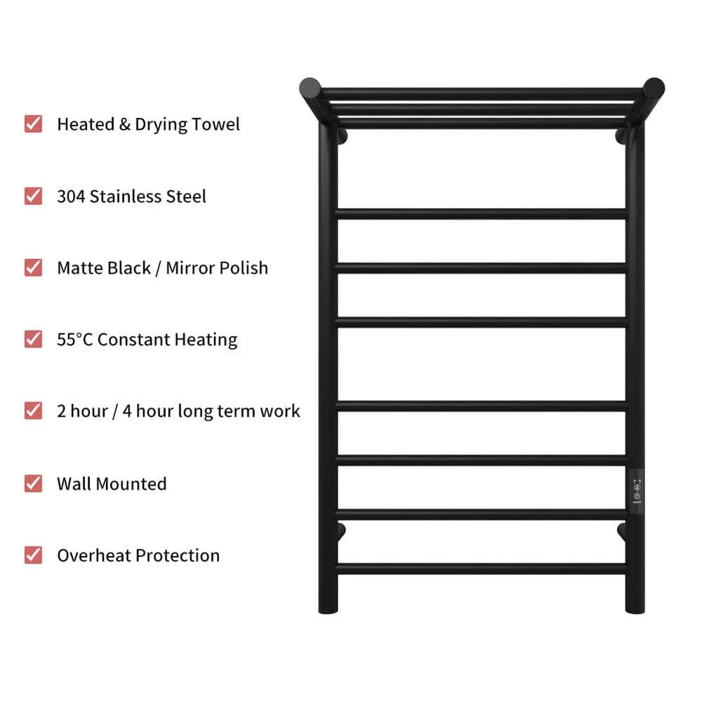 KWW 7-Bars Stainless Steel Wall Mounted Electric Towel Warmer Rack with Top Shelf in Matte Black 8 KWW 7-Bars Stainless Steel Wall Mounted Electric Towel Warmer Rack with Top Shelf in Matte Black - Image 6