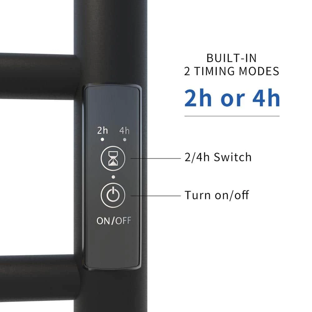 KWW 7-Bars Stainless Steel Wall Mounted Electric Towel Warmer Rack with Top Shelf in Matte Black 6 KWW 7-Bars Stainless Steel Wall Mounted Electric Towel Warmer Rack with Top Shelf in Matte Black - Image 4