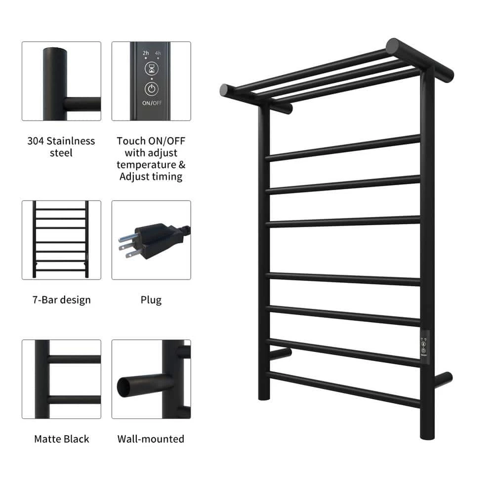 KWW 7-Bars Stainless Steel Wall Mounted Electric Towel Warmer Rack with Top Shelf in Matte Black 5 KWW 7-Bars Stainless Steel Wall Mounted Electric Towel Warmer Rack with Top Shelf in Matte Black - Image 3