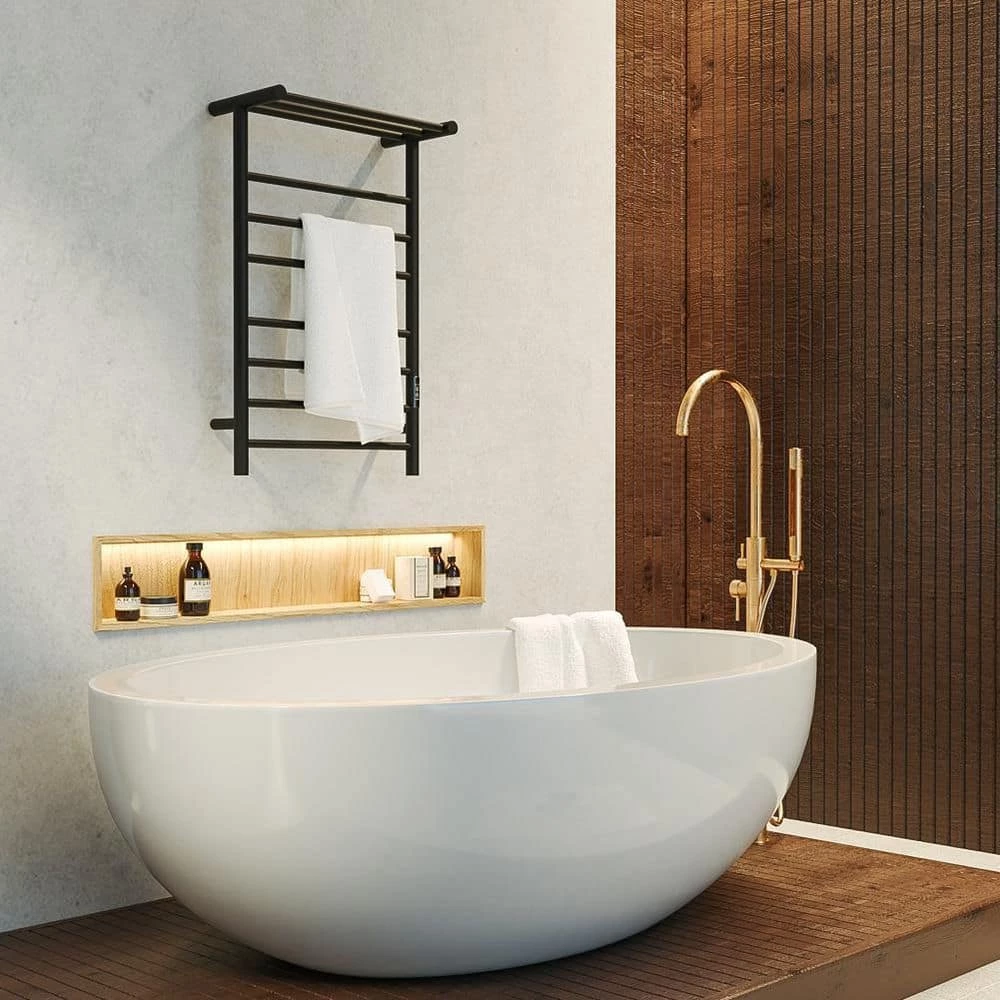 KWW 7-Bars Stainless Steel Wall Mounted Electric Towel Warmer Rack with Top Shelf in Matte Black 4 KWW 7-Bars Stainless Steel Wall Mounted Electric Towel Warmer Rack with Top Shelf in Matte Black - Image 2