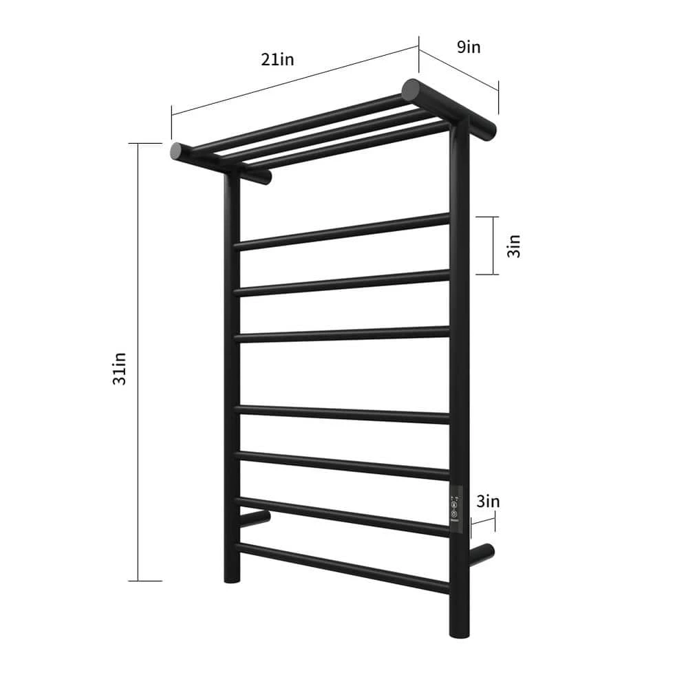 KWW 7-Bars Stainless Steel Wall Mounted Electric Towel Warmer Rack with Top Shelf in Matte Black 9 KWW 7-Bars Stainless Steel Wall Mounted Electric Towel Warmer Rack with Top Shelf in Matte Black - Image 7