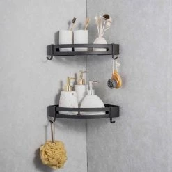 INSTER 2- Pack Wall Mount Stainless Steel Bathroom Corner Shelf with Rain Stand, Waterproof, Corrosion Resistant, in Black -Toilet Storage Shop black inster shower caddies hddtmjj0012 66 1000