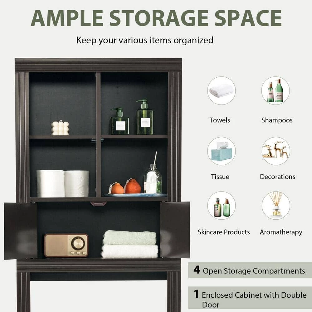 Gymax 24 in. W x 65 in. H x 8 in. D Brown Over-the-Toilet Storage Rack 2-Door Bathroom Space Saver Adjustable Shelf 8 Gymax 24 in. W x 65 in. H x 8 in. D Brown Over-the-Toilet Storage Rack 2-Door Bathroom Space Saver Adjustable Shelf - Image 6