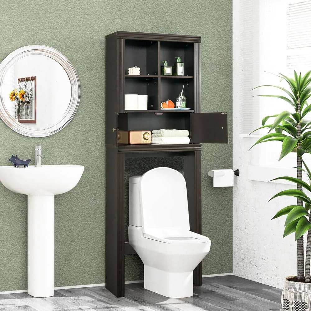 Gymax 24 in. W x 65 in. H x 8 in. D Brown Over-the-Toilet Storage Rack 2-Door Bathroom Space Saver Adjustable Shelf 6 Gymax 24 in. W x 65 in. H x 8 in. D Brown Over-the-Toilet Storage Rack 2-Door Bathroom Space Saver Adjustable Shelf - Image 4