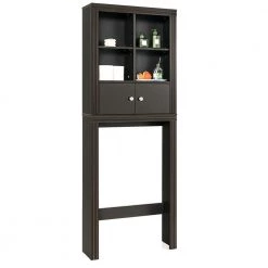 Gymax 24 in. W x 65 in. H x 8 in. D Brown Over-the-Toilet Storage Rack 2-Door Bathroom Space Saver Adjustable Shelf
