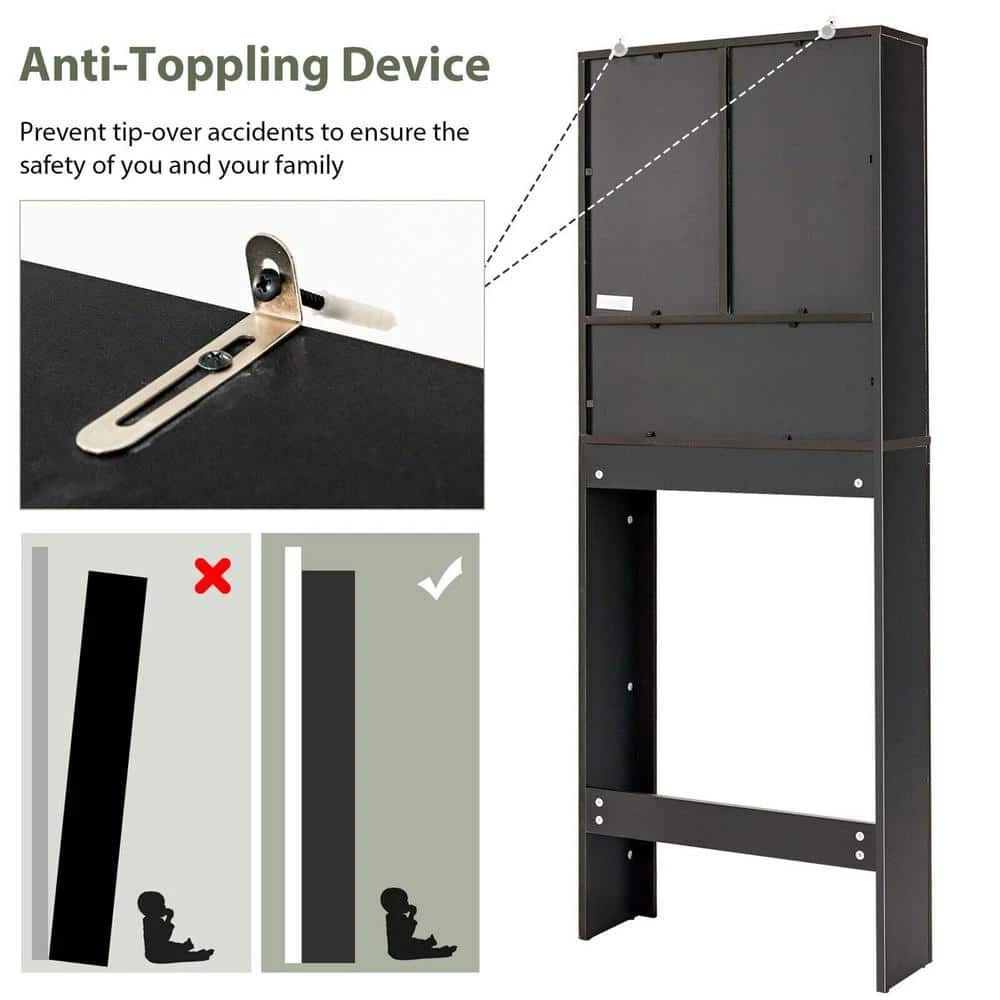 Gymax 24 in. W x 65 in. H x 8 in. D Brown Over-the-Toilet Storage Rack 2-Door Bathroom Space Saver Adjustable Shelf 10 Gymax 24 in. W x 65 in. H x 8 in. D Brown Over-the-Toilet Storage Rack 2-Door Bathroom Space Saver Adjustable Shelf - Image 8