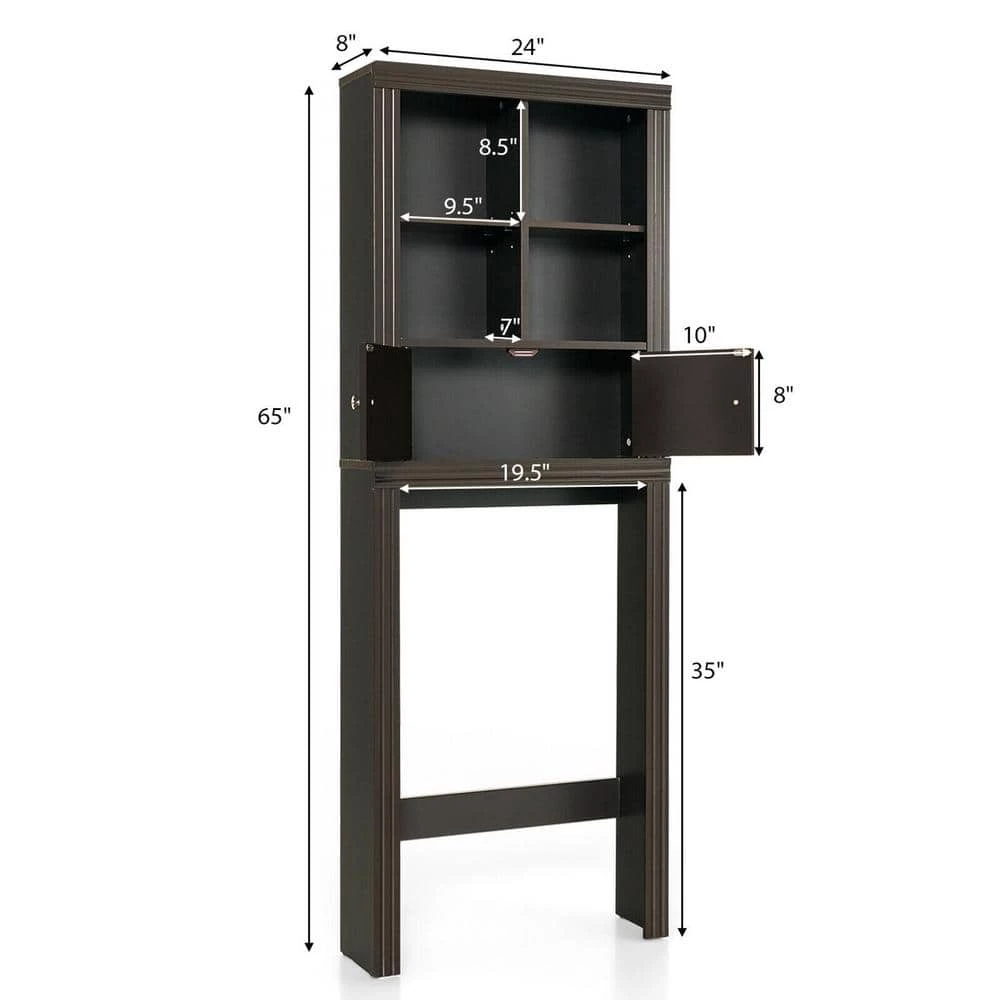Gymax 24 in. W x 65 in. H x 8 in. D Brown Over-the-Toilet Storage Rack 2-Door Bathroom Space Saver Adjustable Shelf 5 Gymax 24 in. W x 65 in. H x 8 in. D Brown Over-the-Toilet Storage Rack 2-Door Bathroom Space Saver Adjustable Shelf - Image 3