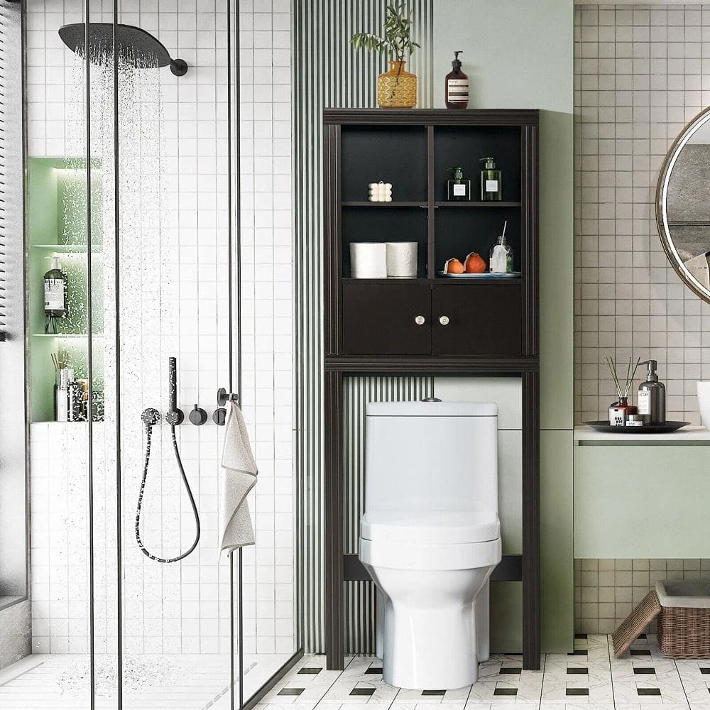 Gymax 24 in. W x 65 in. H x 8 in. D Brown Over-the-Toilet Storage Rack 2-Door Bathroom Space Saver Adjustable Shelf 4 Gymax 24 in. W x 65 in. H x 8 in. D Brown Over-the-Toilet Storage Rack 2-Door Bathroom Space Saver Adjustable Shelf - Image 2