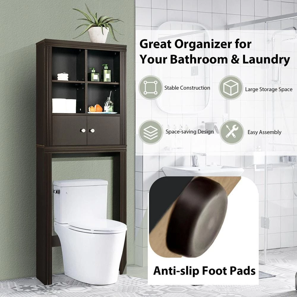 Gymax 24 in. W x 65 in. H x 8 in. D Brown Over-the-Toilet Storage Rack 2-Door Bathroom Space Saver Adjustable Shelf 9 Gymax 24 in. W x 65 in. H x 8 in. D Brown Over-the-Toilet Storage Rack 2-Door Bathroom Space Saver Adjustable Shelf - Image 7