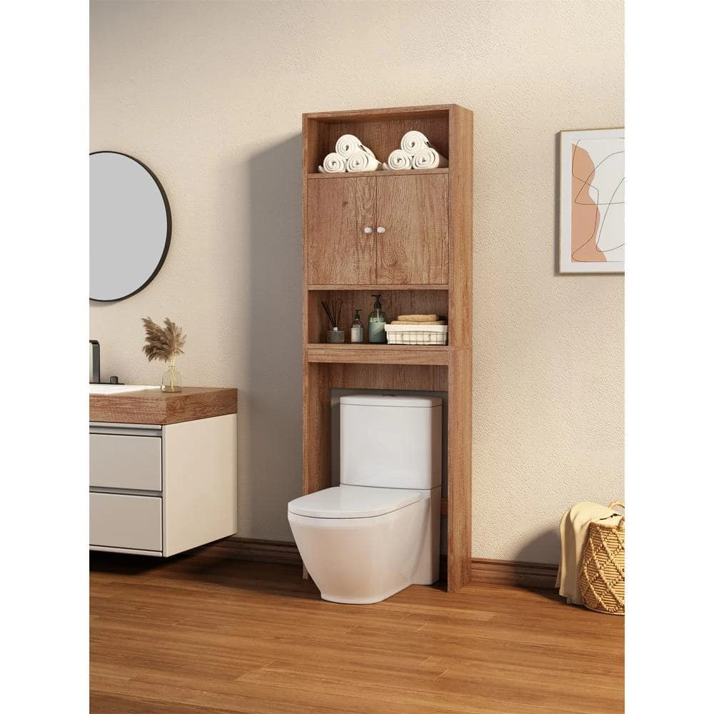 Aoibox 24.8 in. W x 7.87 in. D x 76.77 in. H Brown MDF Bathroom Over-the-Toilet Storage, with 3-Shelves and 1-Cabinet 4 Aoibox 24.8 in. W x 7.87 in. D x 76.77 in. H Brown MDF Bathroom Over-the-Toilet Storage, with 3-Shelves and 1-Cabinet - Image 2