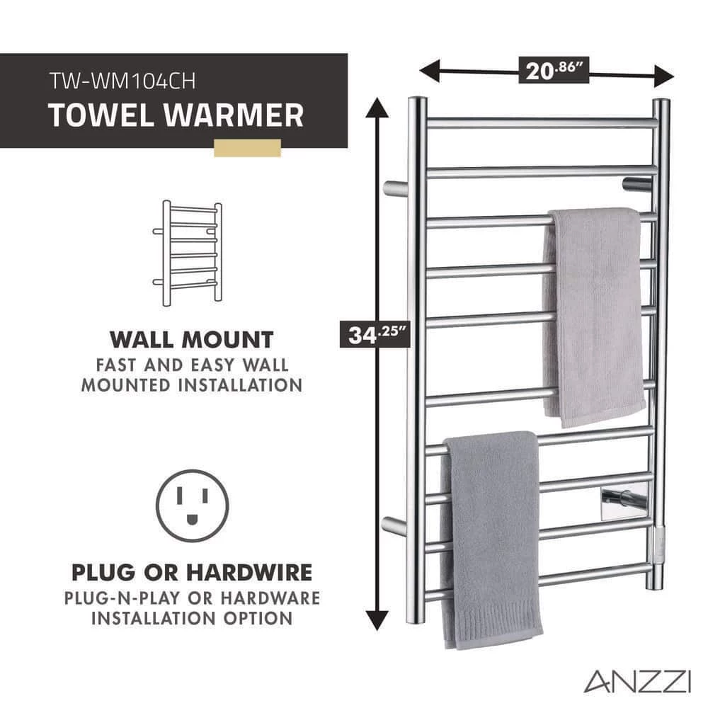 ANZZI Crete 10-Bar Stainless Steel Wall Mounted Towel Warmer Rack with Polished Chrome Finish 8 ANZZI Crete 10-Bar Stainless Steel Wall Mounted Towel Warmer Rack with Polished Chrome Finish - Image 6