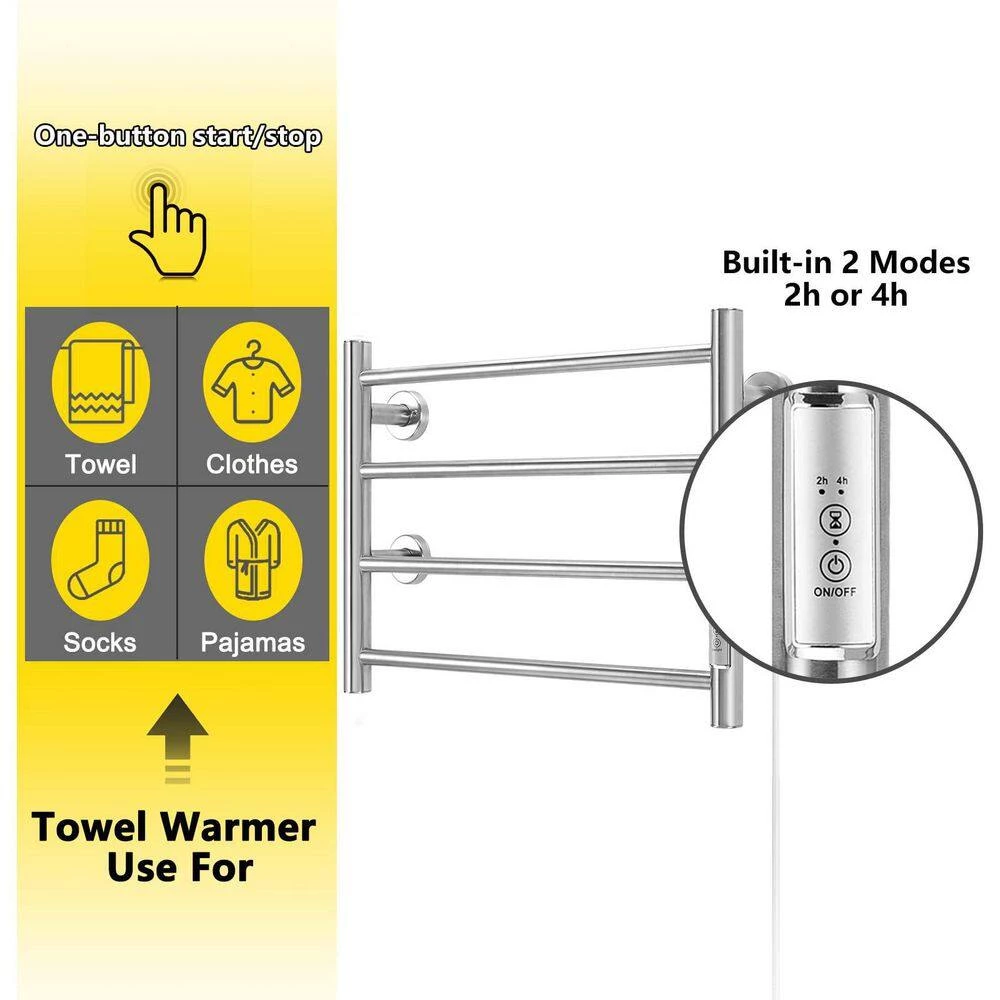 Unbranded 4 Bars Wall Mounted Heated Towel Racks with Timer Brushed Silver 6 Unbranded 4 Bars Wall Mounted Heated Towel Racks with Timer Brushed Silver - Image 4