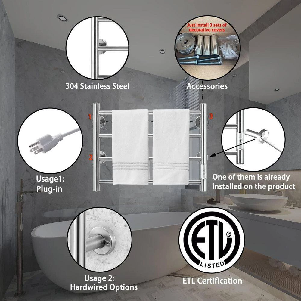 Unbranded 4 Bars Wall Mounted Heated Towel Racks with Timer Brushed Silver 5 Unbranded 4 Bars Wall Mounted Heated Towel Racks with Timer Brushed Silver - Image 3