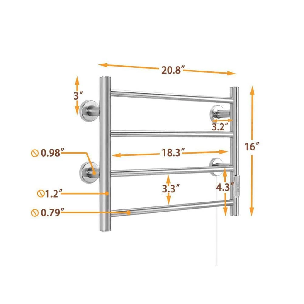 Unbranded 4 Bars Wall Mounted Heated Towel Racks with Timer Brushed Silver 4 Unbranded 4 Bars Wall Mounted Heated Towel Racks with Timer Brushed Silver - Image 2