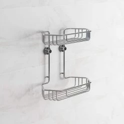 No Drilling Required Draad Rustproof Solid Brass Shower Caddy 11 in. Double Shelf- Angled in Chrome -Toilet Storage Shop chrome no drilling required shower caddies dk240 chr c3 1000