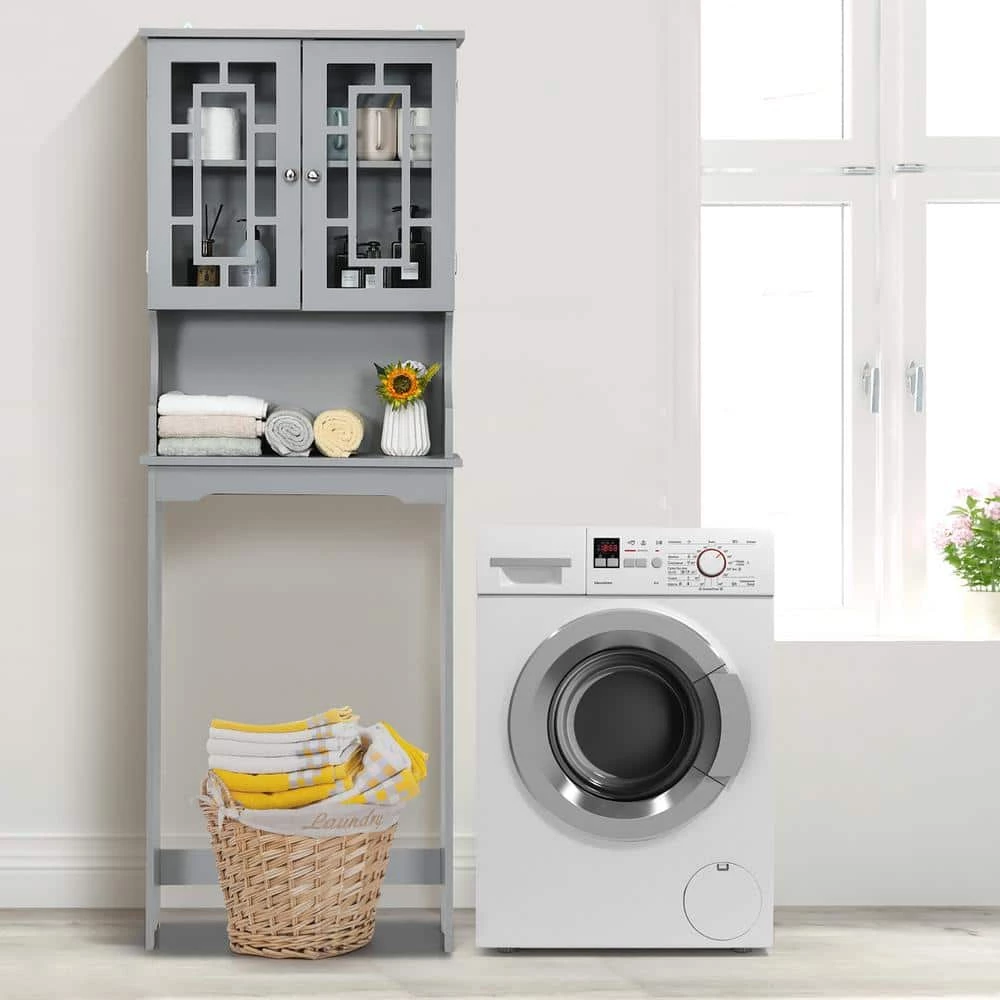 Costway 23.5 in. W x 67 in. H x 8.5 in. D Space Saver Gray Wood Over-the-Toilet Storage with Adjustable Shelf and Doors 8 Costway 23.5 in. W x 67 in. H x 8.5 in. D Space Saver Gray Wood Over-the-Toilet Storage with Adjustable Shelf and Doors - Image 6