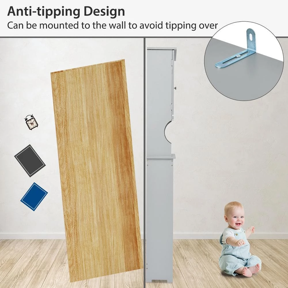 Costway 23.5 in. W x 67 in. H x 8.5 in. D Space Saver Gray Wood Over-the-Toilet Storage with Adjustable Shelf and Doors 10 Costway 23.5 in. W x 67 in. H x 8.5 in. D Space Saver Gray Wood Over-the-Toilet Storage with Adjustable Shelf and Doors - Image 8