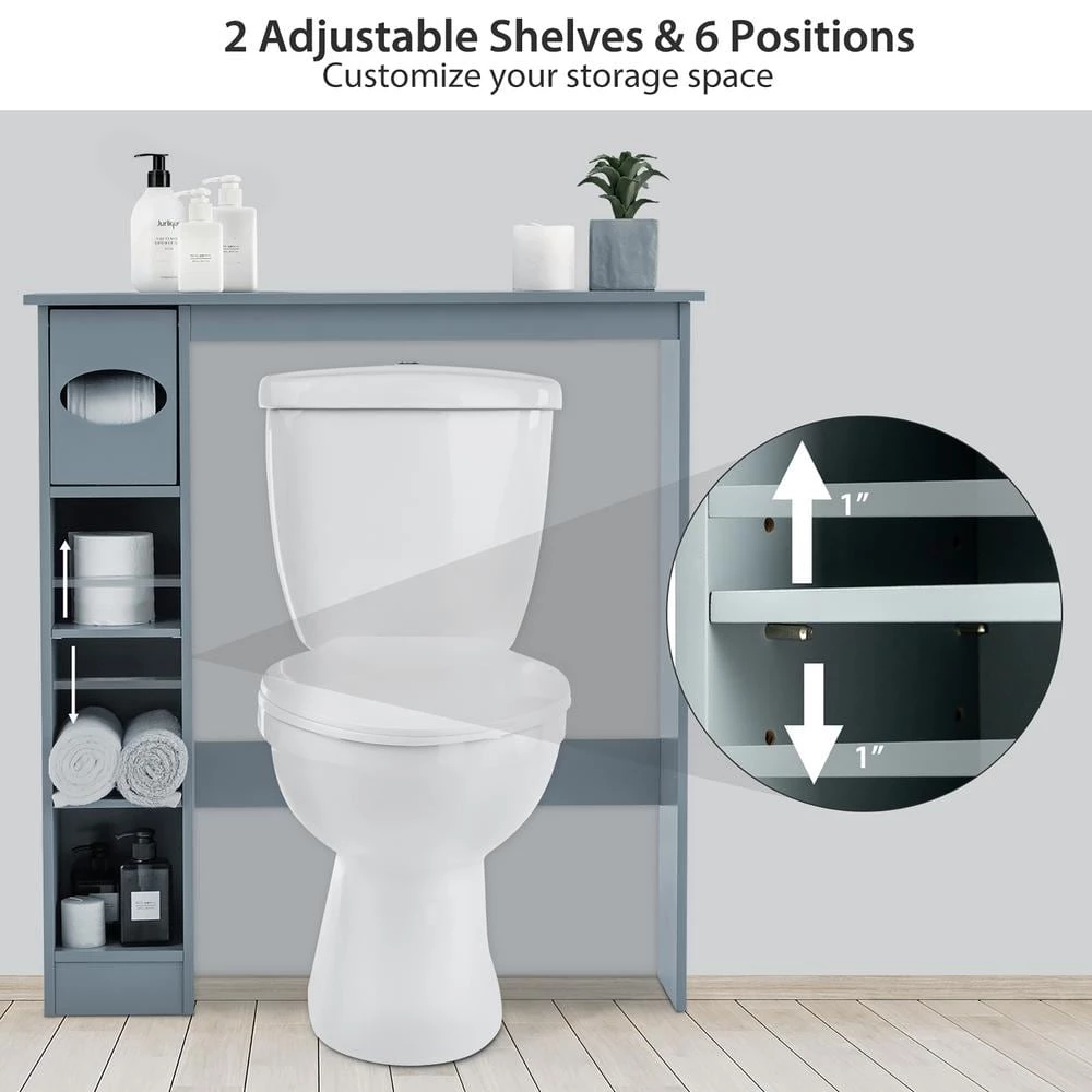 Costway 30 in. W x 32 in. H x 8 in. D Gray Wood Over-the-Toilet Storage Cabinet Bathroom Space Saver with Paper Holder 8 Costway 30 in. W x 32 in. H x 8 in. D Gray Wood Over-the-Toilet Storage Cabinet Bathroom Space Saver with Paper Holder - Image 6