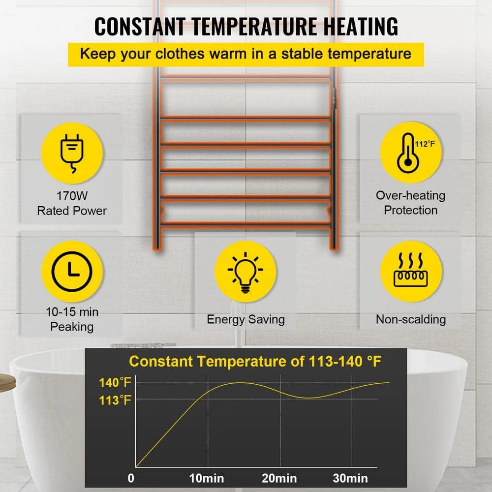 VEVOR 23.6 in. x 48 in. Plug-In Electric Towel Warmer 12-Bar Stainless Steel Heated Towel Rack with Timer for Bath Matte Black 6 VEVOR 23.6 in. x 48 in. Plug-In Electric Towel Warmer 12-Bar Stainless Steel Heated Towel Rack with Timer for Bath Matte Black - Image 4