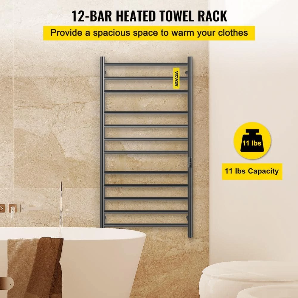 VEVOR 23.6 in. x 48 in. Plug-In Electric Towel Warmer 12-Bar Stainless Steel Heated Towel Rack with Timer for Bath Matte Black 4 VEVOR 23.6 in. x 48 in. Plug-In Electric Towel Warmer 12-Bar Stainless Steel Heated Towel Rack with Timer for Bath Matte Black - Image 2