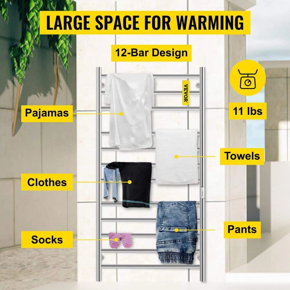 VEVOR Heated Towel Rack 12-Bar Towel Warmer Rack Wall Mounted Electric Towel Warmer Electric Towel Drying Rack with Timer 5 VEVOR Heated Towel Rack 12-Bar Towel Warmer Rack Wall Mounted Electric Towel Warmer Electric Towel Drying Rack with Timer - Image 3