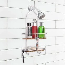 Utopia Alley Tia Rustproof Over the Shower Caddy, Teak Shelves -Toilet Storage Shop satin chrome utopia alley shower caddies shc5tk c3 1000