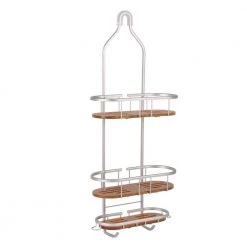 Utopia Alley Tia Over-the-Showerhead Caddy in Rustproof Satin Chrome Finish with 3 Teak Shelves