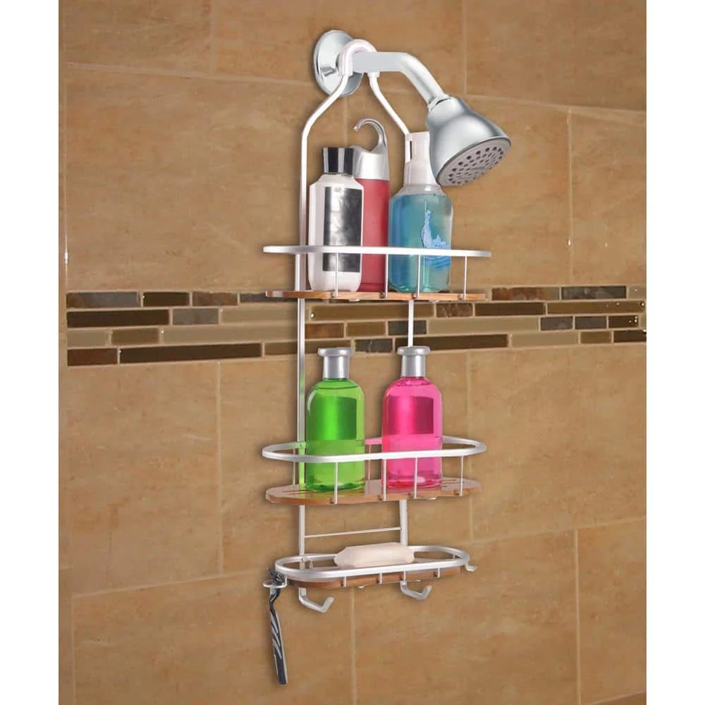 Utopia Alley Tia Over-the-Showerhead Caddy in Rustproof Satin Chrome Finish with 3 Teak Shelves 10 Utopia Alley Tia Over-the-Showerhead Caddy in Rustproof Satin Chrome Finish with 3 Teak Shelves - Image 8
