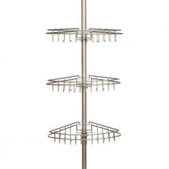 Kenney 3-Tier Stainless Steel Spring Tension Shower Corner Pole Caddy with Four Clip-on Hooks and Razor Holders in Satin Nickel