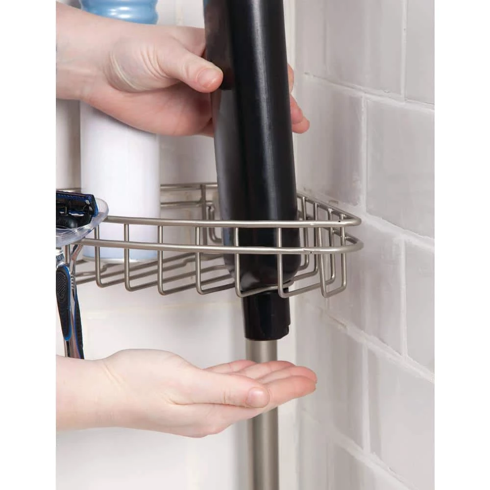 Kenney 3-Tier Stainless Steel Spring Tension Shower Corner Pole Caddy with Four Clip-on Hooks and Razor Holders in Satin Nickel 4 Kenney 3-Tier Stainless Steel Spring Tension Shower Corner Pole Caddy with Four Clip-on Hooks and Razor Holders in Satin Nickel - Image 2