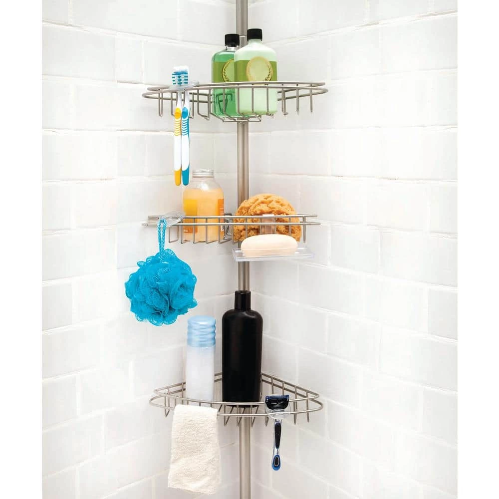 Kenney 3-Tier Stainless Steel Spring Tension Shower Corner Pole Caddy with Four Clip-on Hooks and Razor Holders in Satin Nickel 8 Kenney 3-Tier Stainless Steel Spring Tension Shower Corner Pole Caddy with Four Clip-on Hooks and Razor Holders in Satin Nickel - Image 6