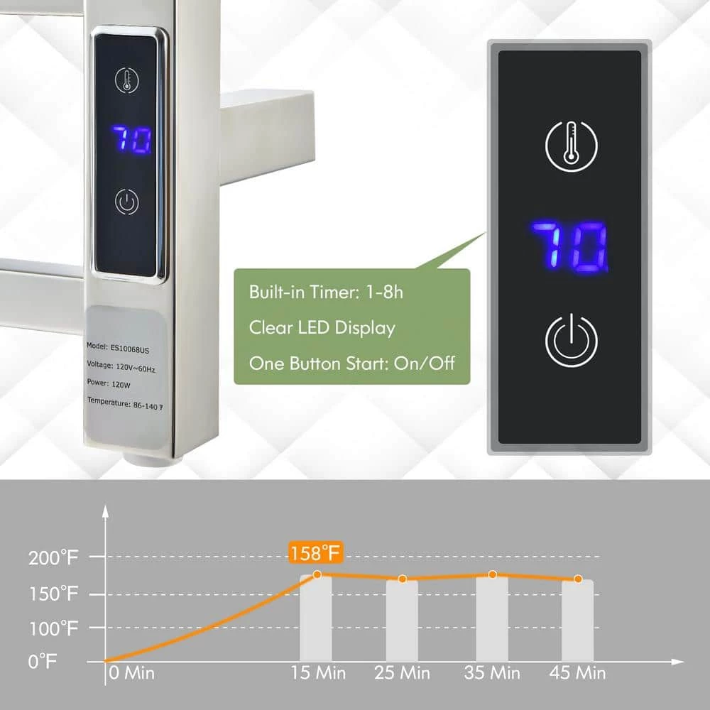 Costway 10 Bar Towel Warmer Wall Mounted Electric Heated Towel Rack w/Built-in Timer Silver 8 Costway 10 Bar Towel Warmer Wall Mounted Electric Heated Towel Rack w/Built-in Timer Silver - Image 6