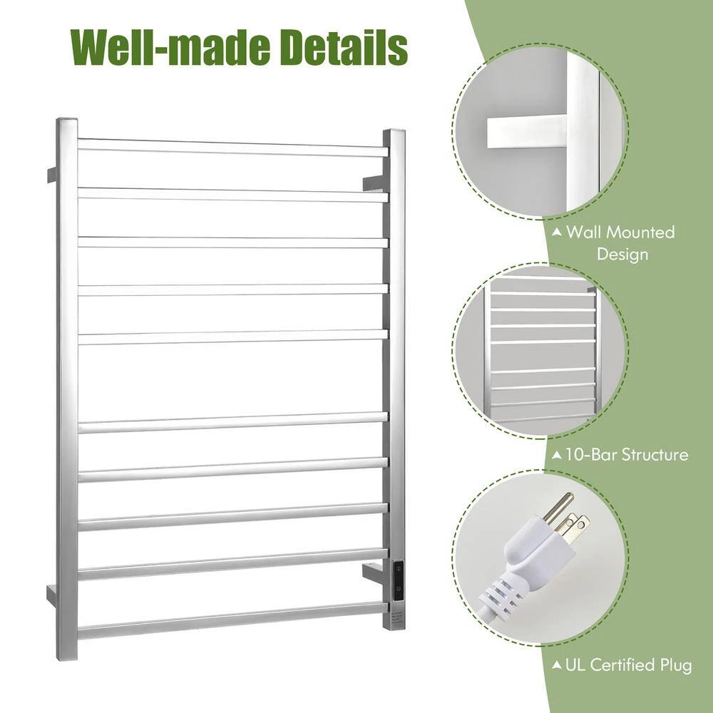 Costway 10 Bar Towel Warmer Wall Mounted Electric Heated Towel Rack w/Built-in Timer Silver 9 Costway 10 Bar Towel Warmer Wall Mounted Electric Heated Towel Rack w/Built-in Timer Silver - Image 7