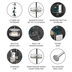 Zenna Home Rustproof Tension Pole Shower Caddy with 4 Baskets in Stainless Steel -Toilet Storage Shop stainless shower caddies e2181stl 1f 1000
