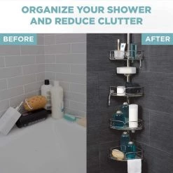 Zenna Home Rustproof Tension Pole Shower Caddy with 4 Baskets in Stainless Steel -Toilet Storage Shop stainless shower caddies e2181stl 4f 1000