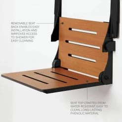 SEACHROME Silhouette Comfort Folding Wall Mount Shower Bench Seat with Arms, Teak Seat with Matte Black Frame -Toilet Storage Shop teak seat with matte black frame seachrome shower seats shafar 185155 pts s mb bk 44 1000