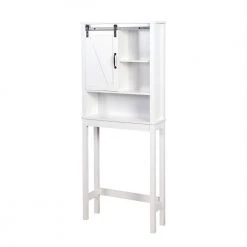 Aoibox 27.16 in. W x 67 in. H x 9.06 in. D White MDF Bathroom Over-the-Toilet Storage, Adjustable Shelves and a Barn Door