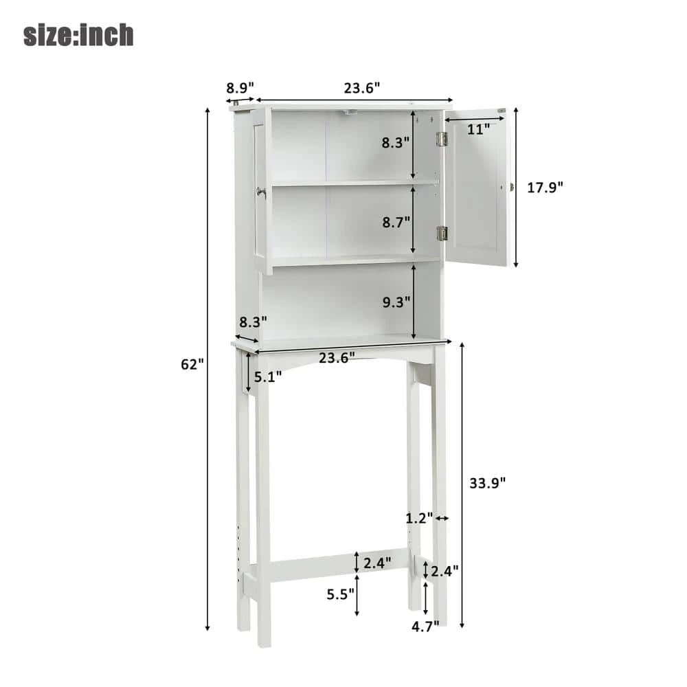 Polibi 23.6 in. W x 62 in. H x 8.9 in. D White Over-the-Toilet Storage with Adjustable Shelf Collect Cabinet 4 Polibi 23.6 in. W x 62 in. H x 8.9 in. D White Over-the-Toilet Storage with Adjustable Shelf Collect Cabinet - Image 3
