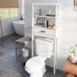Aoibox 23.62 in. W x 64.96 in. H x 7.87 in. D White MDF Bathroom Over-the-Toilet Storage, with 2-Shelves and 1-Drawer -Toilet Storage Shop white over the toilet storage snmx819 31 1000