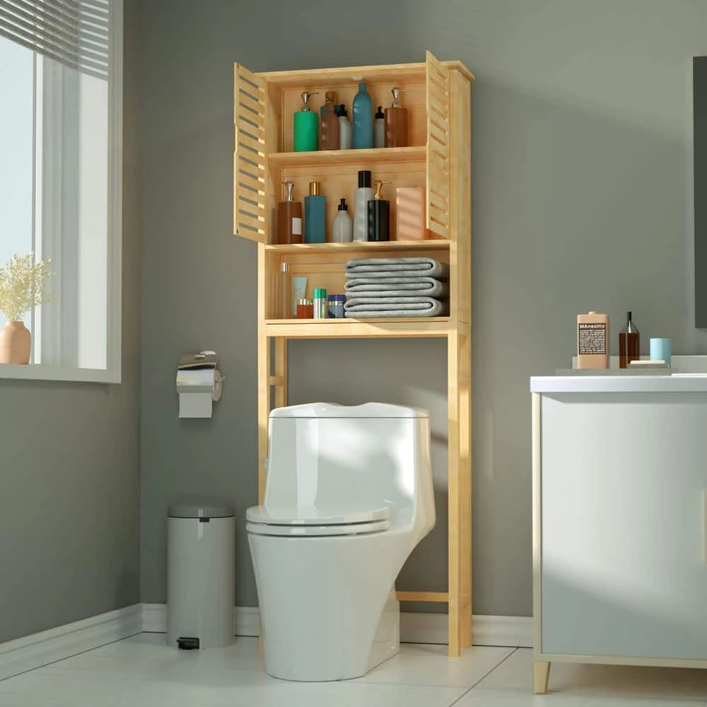 VEIKOUS 9.5 in. W x 66.9 in. H x 24.4 in. D Yellow Bamboo Over-the-Toilet Storage with Adjustable Shelf 4 VEIKOUS 9.5 in. W x 66.9 in. H x 24.4 in. D Yellow Bamboo Over-the-Toilet Storage with Adjustable Shelf - Image 2